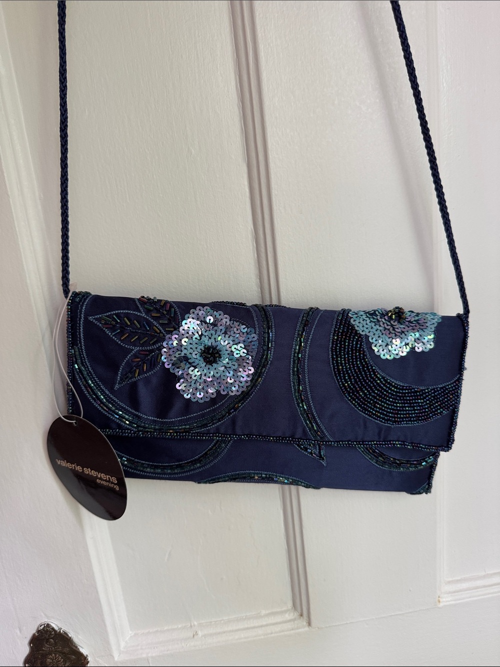 NEW Valerie Stevens Navy Beaded Floral Evening Wristlet